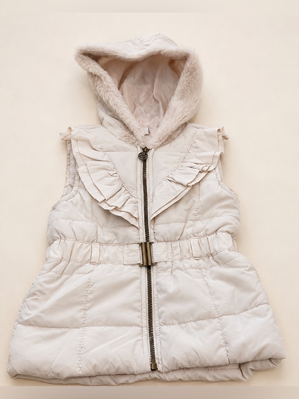 Nicole Miller New York Girls Ivory Ruffle Hooded Puffer Vest Size 5